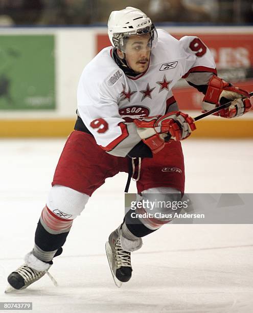 Matt Caria of the Sault Greyhounds skates in a playoff game against the Kitchener Rangers on April 16, 2008 at the Kitchener Memorial Auditorium in...