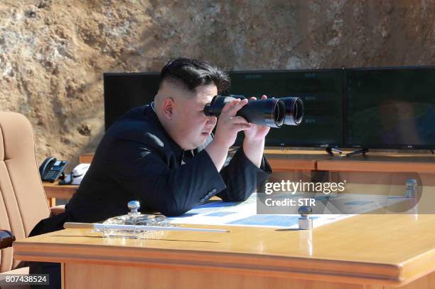 This picture taken and released on July 4, 2017 by North Korea's official Korean Central News Agency shows North Korean leader Kim Jong-Un inspecting...