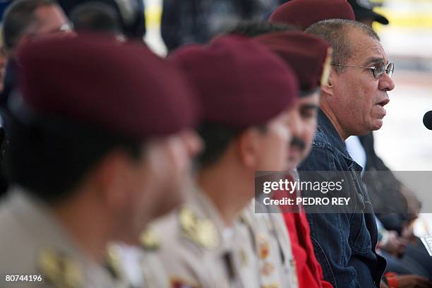 Venezuela's Interior Minister Ramon Rodriguez Chacin speaks during the incineration of three tons of drugs at a military barracks in Caracas on April...