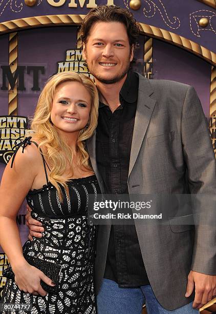 Musicians Miranda Lambert and Blake Shelton attends the 2008 CMT Music Awards at Curb Event Center at Belmont University on April 14, 2008 in...