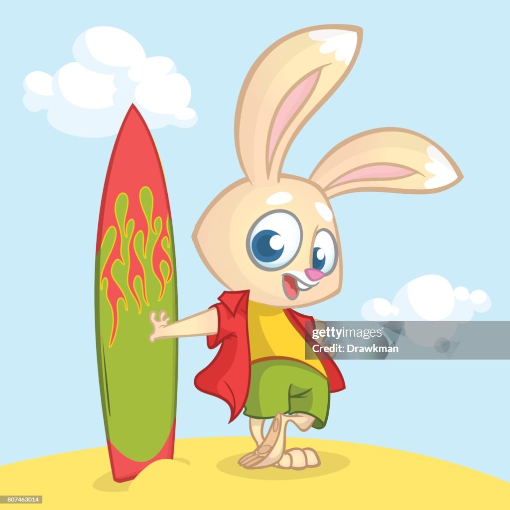 The Rabbit Surfer Cartoon Summer Holiday Background With Rabbit Surfer Vector ...
