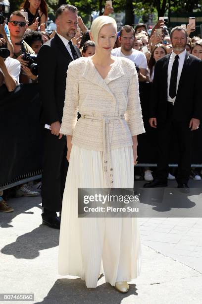 Tilda Swinton arrives at the Chanel Haute Couture Fall/Winter 2017-2018 show as part of Haute Couture Paris Fashion Week on July 4, 2017 in Paris,...