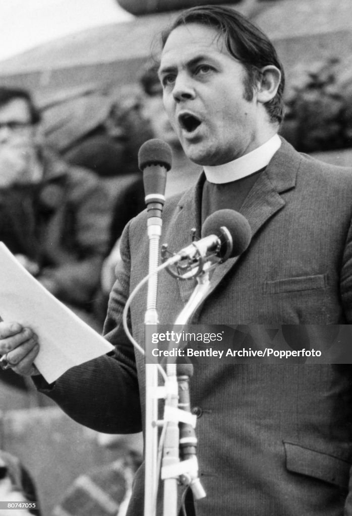 Sport/Politics pic: October 1970. The Rev. David Sheppard speaking at a rally opposing an arms deal between Great Britain and South Africa. David Sheppard's Ministry led him to become Bishop of Liverpool, before which he enjoyed a successful cricket care