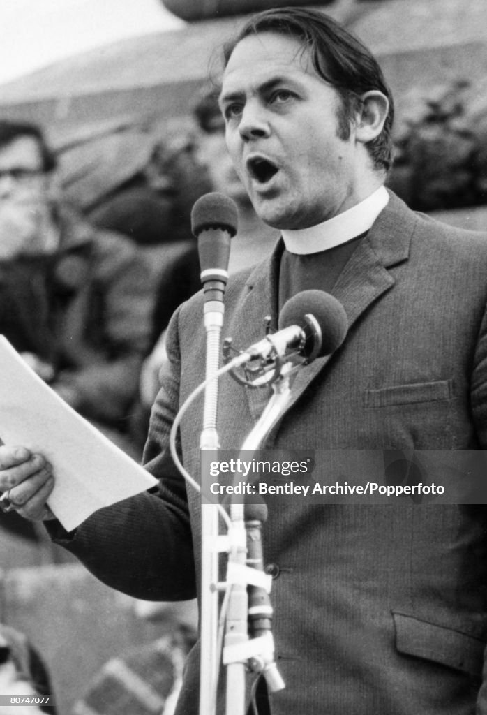 Sport/Politics pic: October 1970. The Rev. David Sheppard speaking at a rally opposing an arms deal between Great Britain and South Africa. David Sheppard's Ministry led him to become Bishop of Liverpool, before which he enjoyed a successful cricket care
