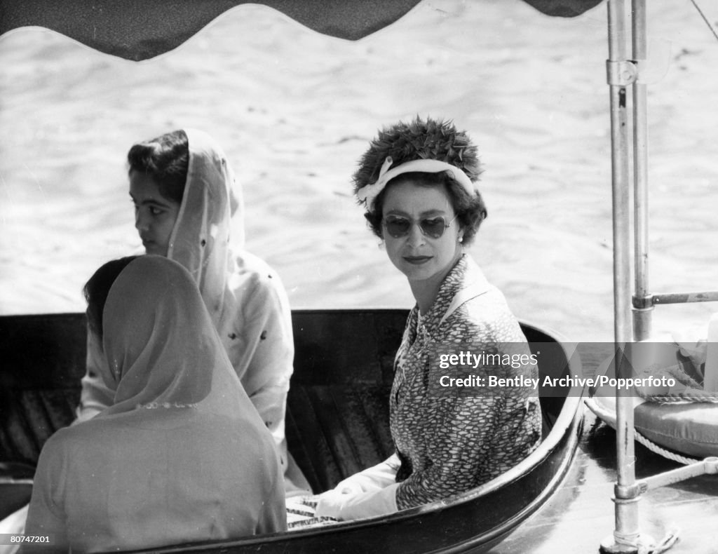 British Royalty Tour of India. Udaipur. pic: 30th January 1961. HM. Queen Elizabeth pictured on a motor launch that took her to the Jag Mandir water palace at Udaipur.