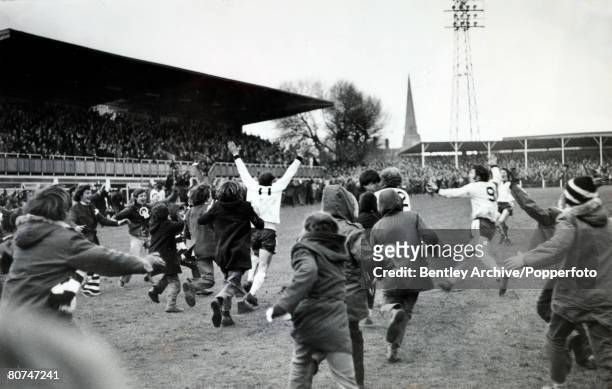 5th February 1972, FA, Cup 3rd Round Replay at Edgar Street, Hereford, Hereford United 2 v Newcastle United 1, a,e,t, Hereford fans and players rush...