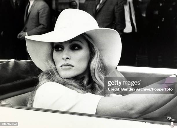 Swiss actress, Ursula Andress, during location filming at Heathrow Airport for Peter Hall's heist film, 'Perfect Friday', London, 18th September 1969.