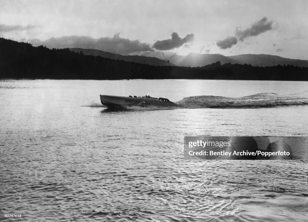 Sport Powerboating. Lake Windermere, England. 1930. Henry O'Neal de hane Segrave in his speed boat Miss England 11. Segrave held many land and water speed records.