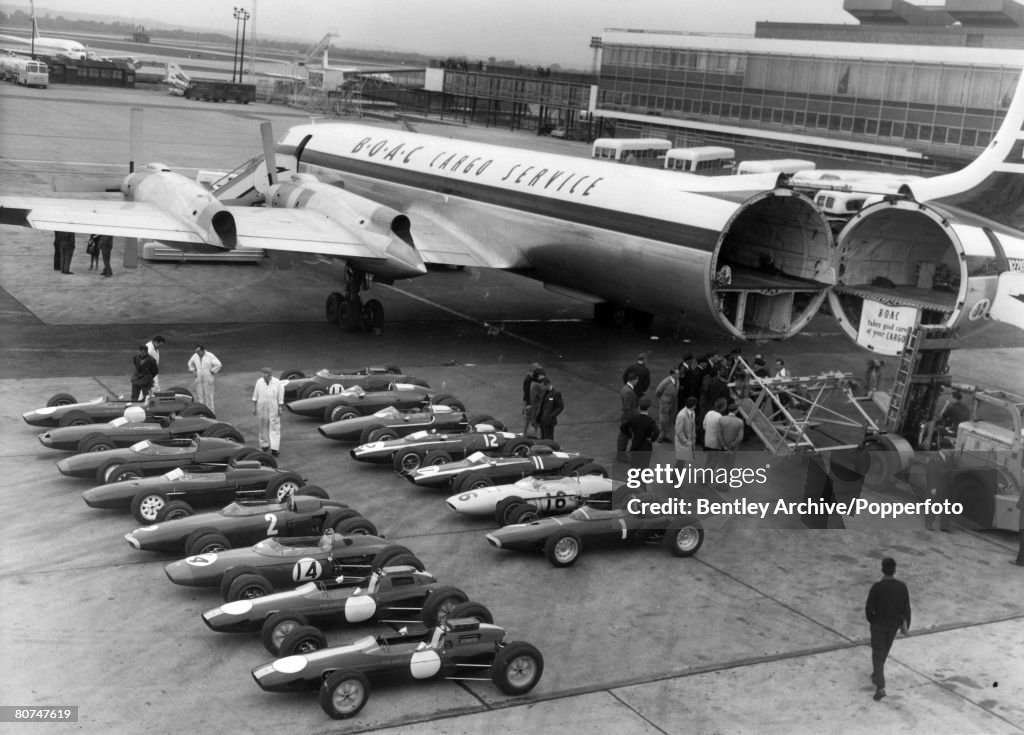 Sport Motor Racing. Formula One. pic: September 1963. London Airport. Nineteen racing cars await loading at the airport on to a cargo plane to take them to America to compete in the Watkins Glen Grand Prix.