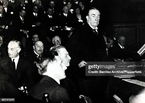 Political Personalities, pic: December 1934, Stanley Baldwin , Statesman, 1867-1947 is pictured speaking at a Conservative meeting discussing the...