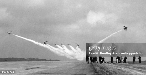 Transport, Aviation, pic: 14th September 1965, Biggin Hill, Kent, The Red Arrows display team of Fighter Command go through their paces for the...