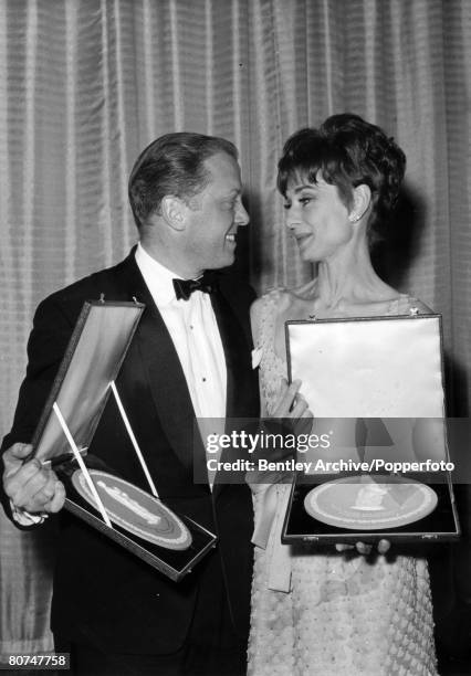 Stage and Screen, Personalities, London, pic: 31st March 1965, The awards for Best Actress and Best Actor went to Richard Attenborough and Audrey...