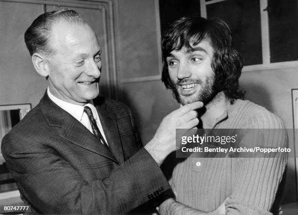 29th December 1969, Manchester United and Northern Ireland,"superstar" George Best with former England player Tom Finney who admires the Best beard