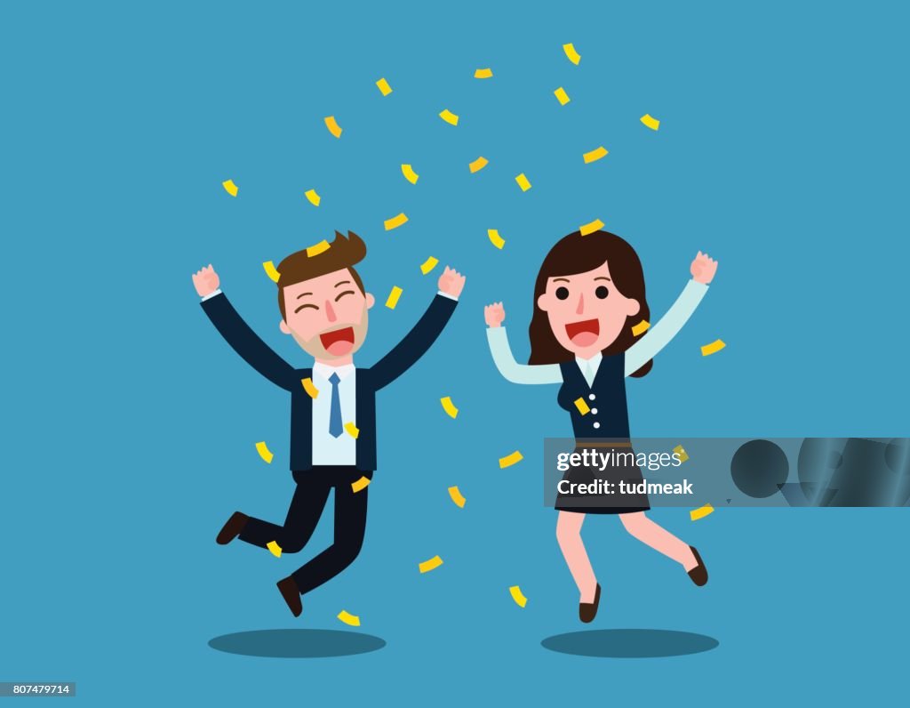 Businessman And Woman Jump With Happiness Together Business People Jumping  Up Celebrating Success Vector Flat Cartoon Character Icon Design  Illustration Isolated On Backgroud High-Res Vector Graphic - Getty Images