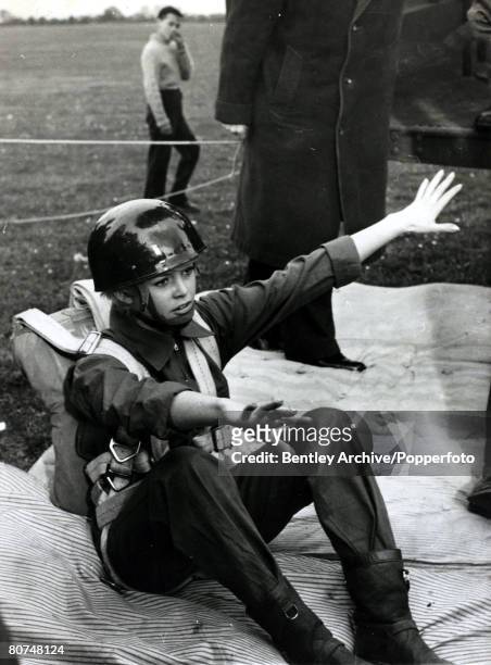 Cinema Personalities, pic: 12th April 1959, French actress Brigitte Bardot, , training for a parachute jump in a role for her film "Babette Goes To...