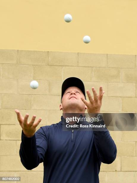 Jamie Donaldson of Wales juggling golf balls during a practice round prior to the Dubai Duty Free Irish Open at Portstewart Golf Club on July 4, 2017...