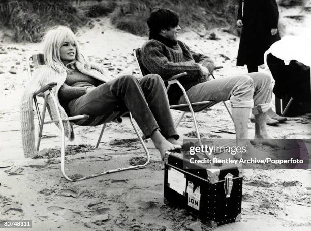 Cinema Personalities, pic: 6th September 1966, French actress Brigitte Bardot, , on the beach at North Berwick with her co-star Laurent Terzieff as...