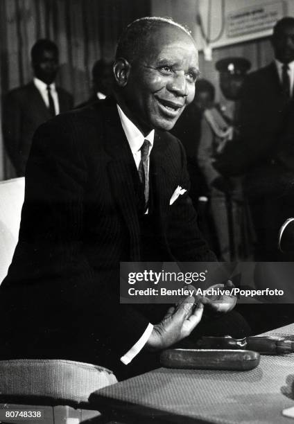 African Political Personalities, pic: 20th May 1968, Dr, Hastings Banda of Nyasaland speaking at London's Heathrow Airport, , Dr,Hastings Banda, was...