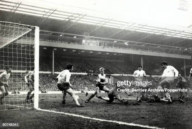Winger Don Rogers, on right, scores Swindon's second goal in extra time during play in the 1969 Football League Cup final at Wembley Stadium in...