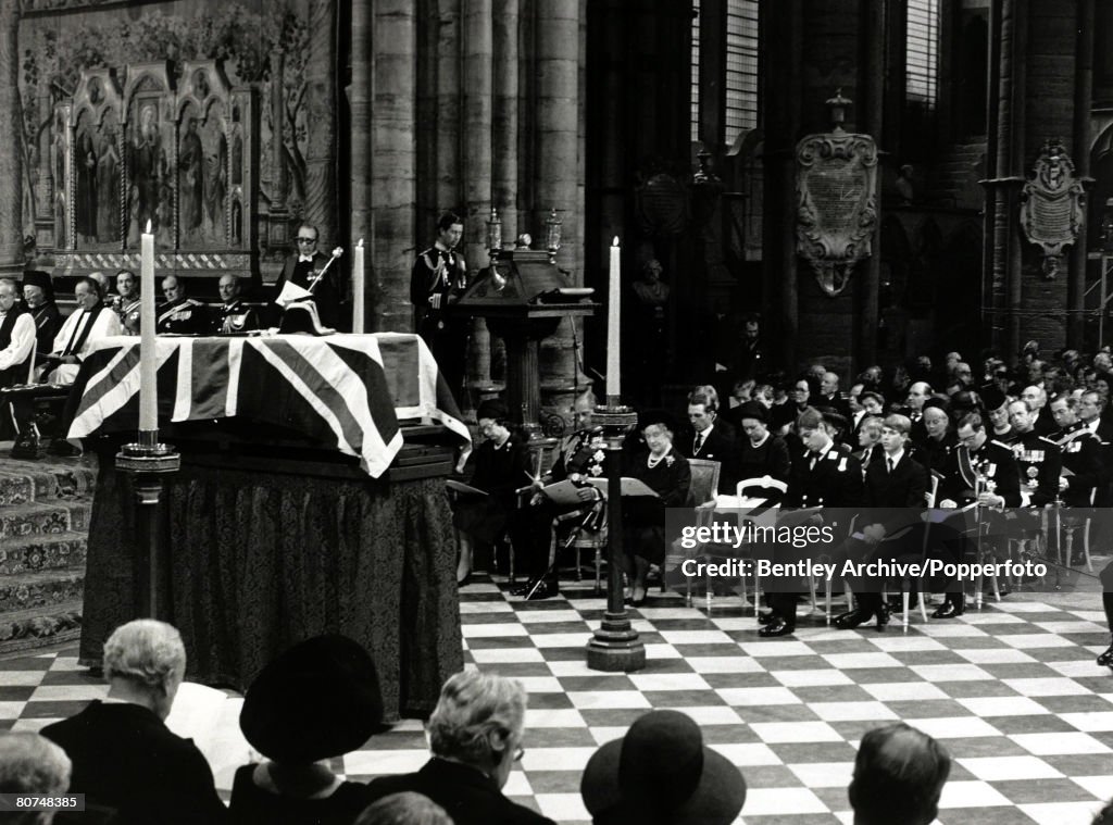British Royalty pic: 5th September 1979. HRH Prince Charles reads a eulogy at the Westminster Abbey State funeral of Lord Mountbatten as members of the Royal Family look on. Lord Moutbatten had been murdered by IRA terrorists in Ireland.