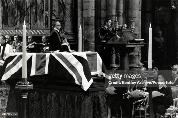 5th September 1979, HRH Prince Charles reads a eulogy at the Westminster Abbey State funeral of Lord Mountbatten as members of the Royal Family look...