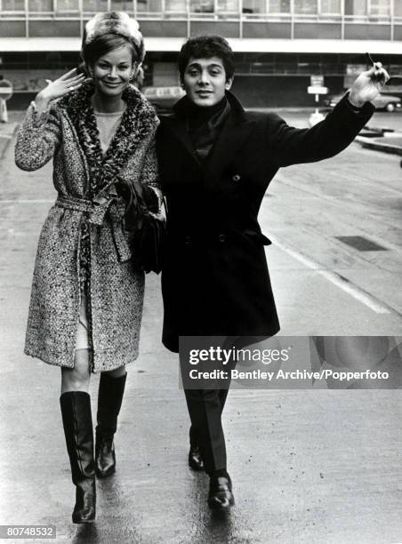 Entertainment, London, England, 27th January 1966, Canadian Rock and Roll idol Paul Anka arrives at London Airport with his Lebanese wife, model Anne...