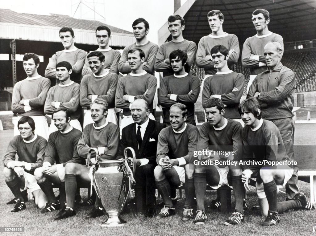 Popperfoto The Book. Volume 1. Page 86. Picture 5. Football. A group picture of the European Cup winning Manchester United football team of 1968/69. (Back row, left to right) Billy Foulkes, Johnny Aston, Jimmy Rimmer, Alex Stepney, Alan Gowling, David He