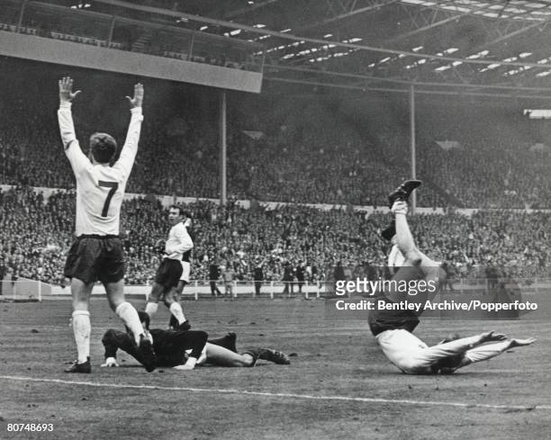 Wembley, London, England 2 v Scotland 3, England's Alan Ball celebrates as team-mate Jackie Charlton falls to the gound after scoring England's first...