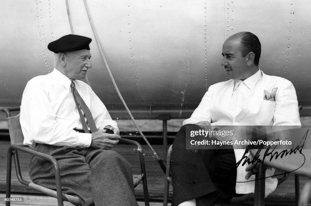 Football 1949. The president of FIFA Jules Rimet (left), in conversation with an Argentine FA official.
