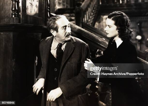 Cinema, American film actors Adolphe Menjou and Maureen O'Hara in a still from the film "Bill Of Divorcement", 1940