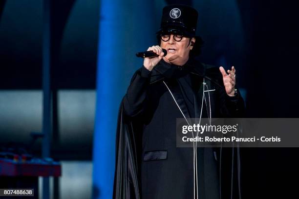 Italian singer Renato Zero performs in concert at Centrale del Tennis Stadium on July 1, 2017 in Rome, Italy.