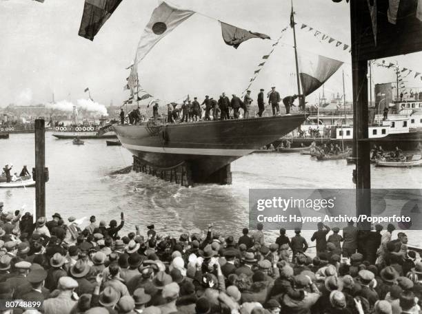 The steel built cutter yacht "Endeavour" is launched at Gosport, Portsmouth, shortly before competing in the America's Cup, The "Endeavour" was...