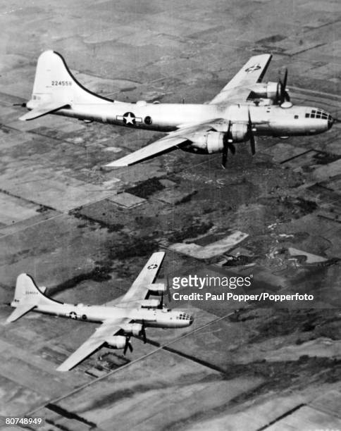 War and Conflict, World War Two, pic: 1940's, Two American Boeing B-29 Superfortress four engine propellor driven heavy bombers of the United States...