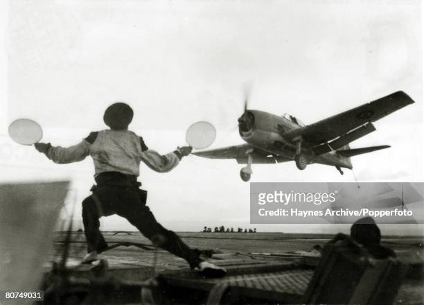 War and Conflict, World War Two, Aviation, pic: 1944, An American built Grumman F6F Hellcat carrier-based fighter aircraft of the British Fleet Air...