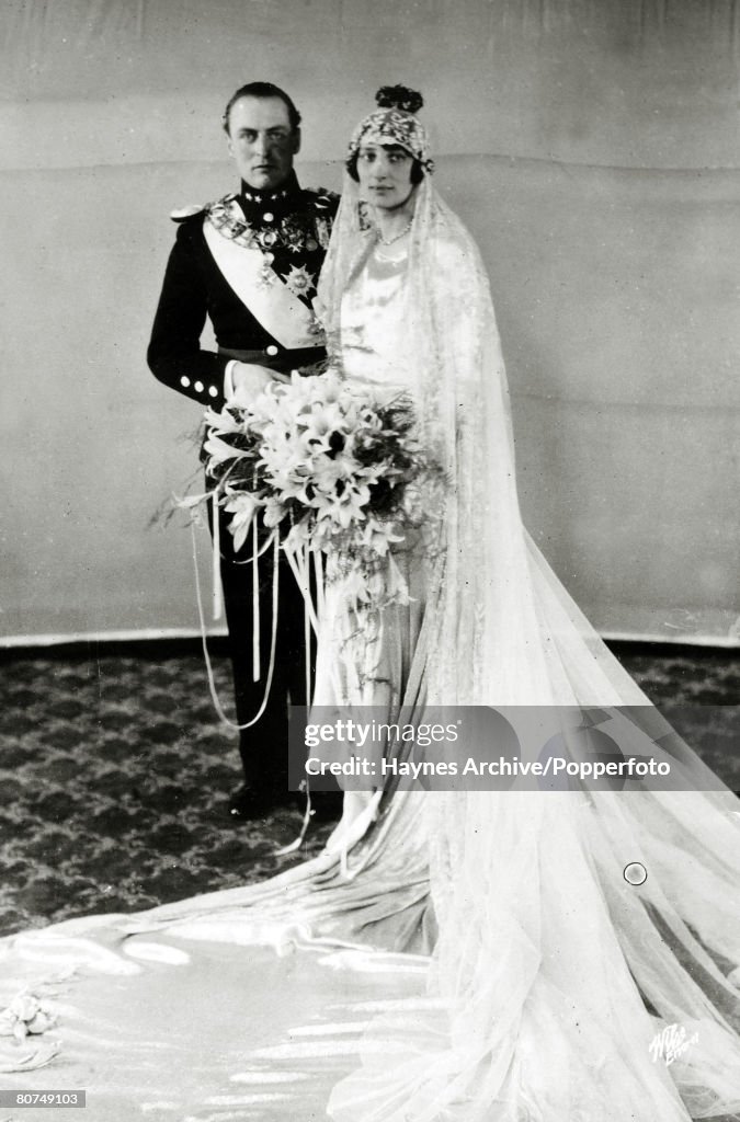 Foreign Royalty Personalities. pic: 1929. Crown Prince Olav (Olaf) of Norway marries Princess Martha of Sweden in Oslo. Crown Prince Olav (1903-1991) succeeded his father King Haakon VII in 1957 becoming King Olav V.