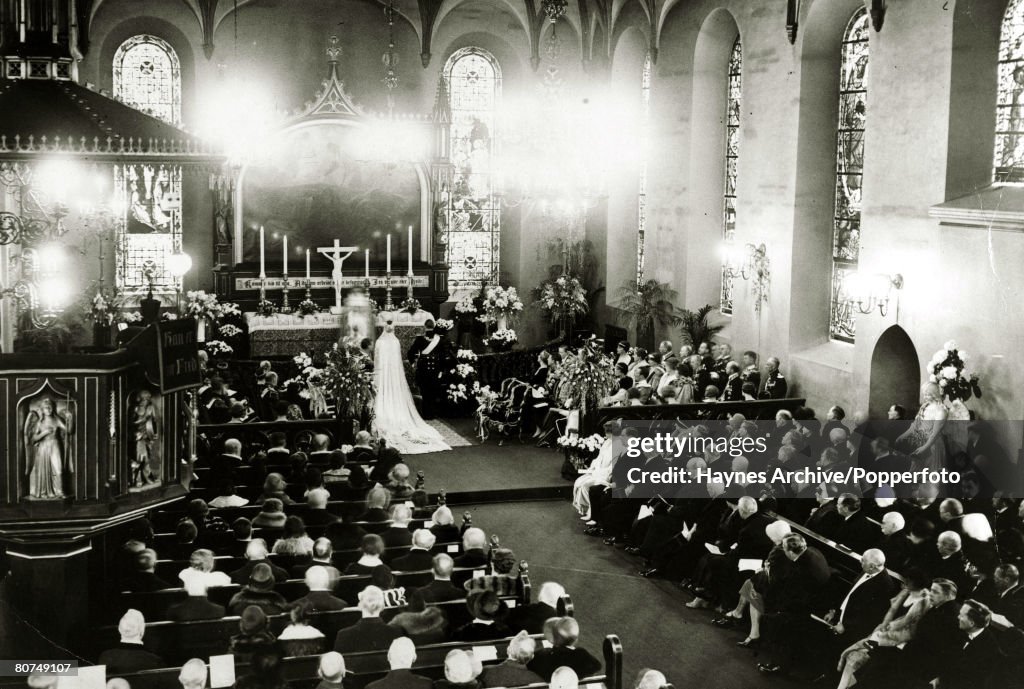 Foreign Royalty Personalities. pic: 1929. The scene at the wedding in Oslo Cathedral as Crown Prince Olav (Olaf) of Norway marries Princess Martha of Sweden. Crown Prince Olav (1903-1991) succeeded his father King Haakon VII in 1957 becoming King Olav V.