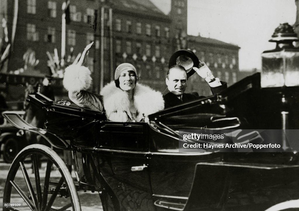 Foreign Royalty Personalities. pic: 1929. Crown Prince Olav (Olaf) of Norway with Princess Martha of Sweden as they drive through the streets of Oslo, with the Princess arriving for their royal wedding. Crown Prince Olav (1903-1991) succeeded his father