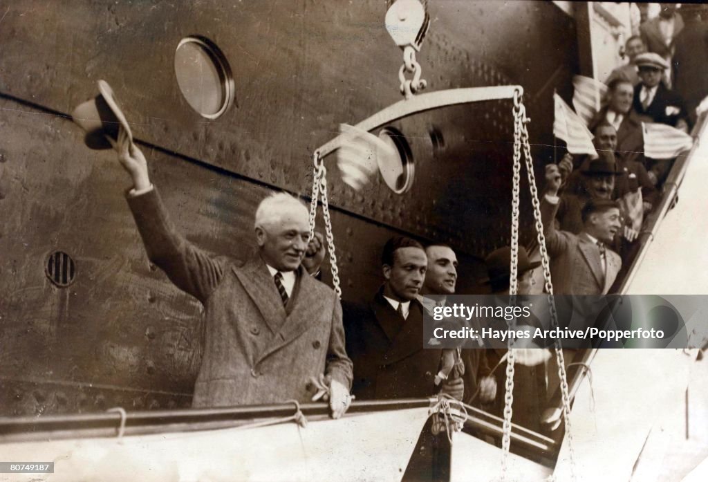 Sport Football. World Cup Finals. Montevideo,Uruguay. 1930. F.I.F.A. President Jules Rimet waves as he arrives to attend the first World Cup tournament.