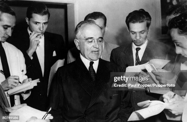 Politics, Personalities, pic: 1945, Getulio Vargas pictured at a press conference where he accused the former US, Ambassador of interfering in...