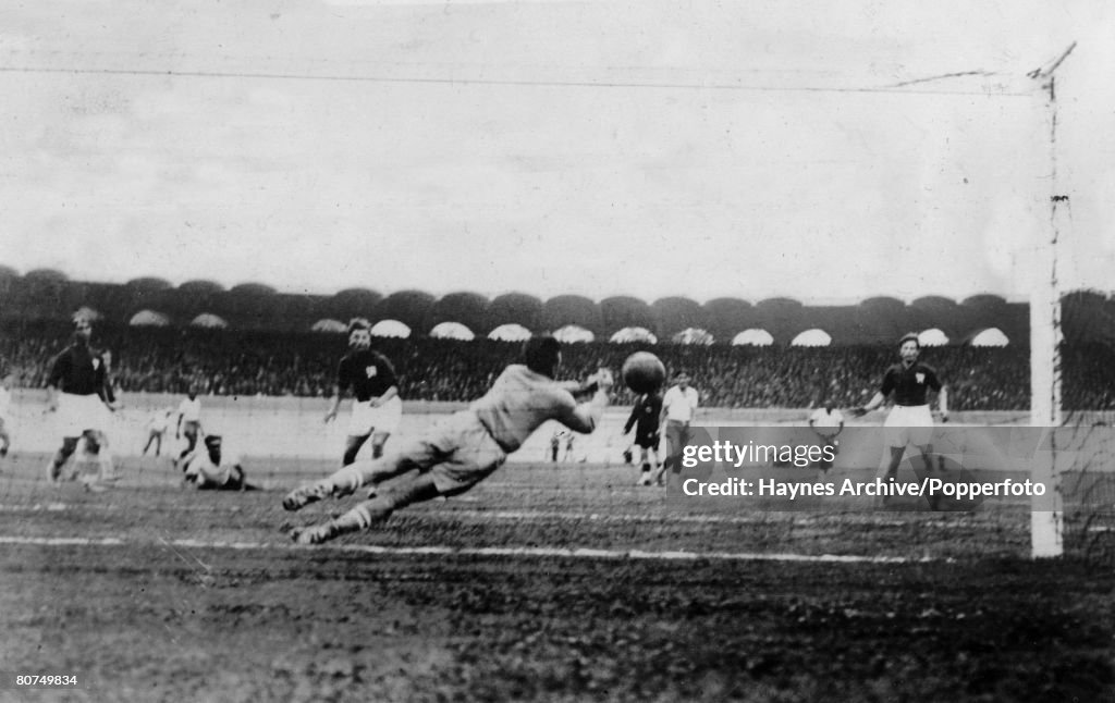 1938 World Cup Finals Bordeaux, France. Brazil 2 v Czechoslovakia 1. Czech goalkeeper Planicka makes a diving save to prevent a Brazilian goal.