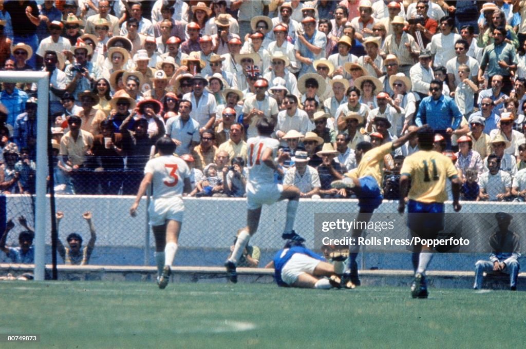 1970 World Cup Finals Guadalajara, Mexico 7th June, 1970. England 0 v Brazil 1. Brazil's Jairzinho settles the match billed as "The clash of Champions' by scoring the only goal of the game past England goalkeeper Gordon Banks.