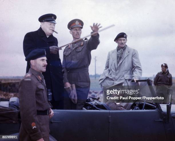 War & Conflict, World War Two, Caen, France, 22nd July 1944, Enemy postions being pointed out to the Prime Minister Winston Churchill by Lt, General...