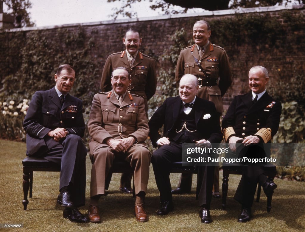 War & Conflict 10 Downing Street garden, London, England 7th May 1945. Chiefs of Staff at Downing Street. Back Row, L-R; Major General Hollis, General Sir Hastings Ismay, Front Row, L-R; Sir Charles Portal, Marshal of the RAF, Field Marshal Sir Alan Broo