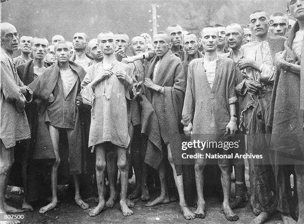Muselmanner Starved prisoners, nearly dead from hunger, pose in concentration ...