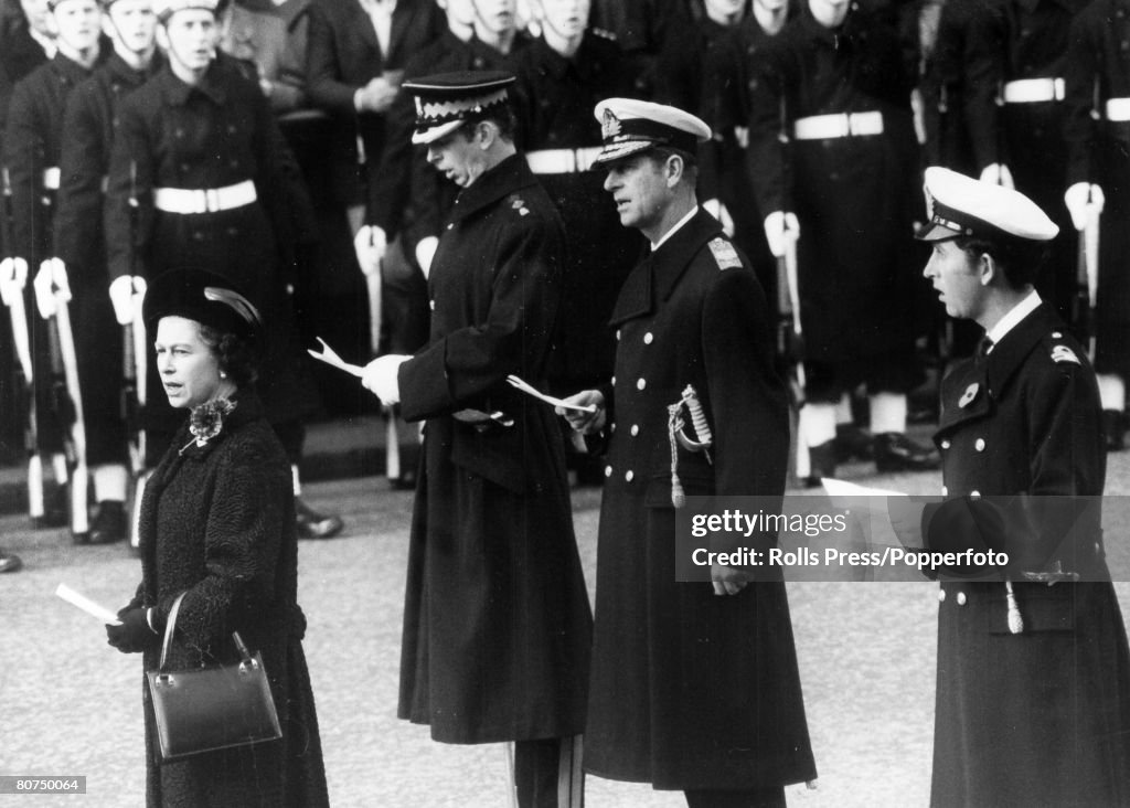 British Royalty pic: 10th November 1974. London. HM. Queen Elizabeth with the Duke of Edinburgh and Prince Charles, far right, and the Duke of Kent, 2nd left, pictured at the Cenotaph during the Remembrance Day ceremony.