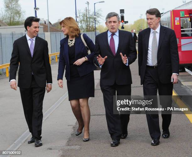 Prime Minister Gordon Brown, his wife Sarah with Business Secretary Lord Mandelson and Energy Secretary Ed Miliband arrive at Oxford Station where...