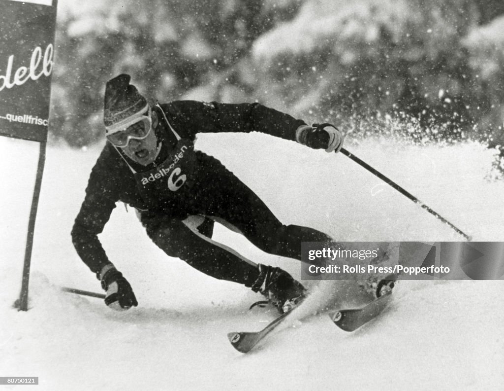 Sport Skiing. pic: January 1968. French skier Jean-Claude Killy competing at Adelboden, Switzerland, where Killy was to win the Giant Slalom. In the 1968 Winter Olympics Jean-Claude Killy was to win 3 Gold medals in the Alpine skiing.