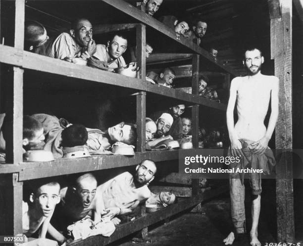 Slave laborers in their bunks at Buchenwald concentration camp near Weimar, Germany after liberation April 16, 1945. Many had died from malnutrition...