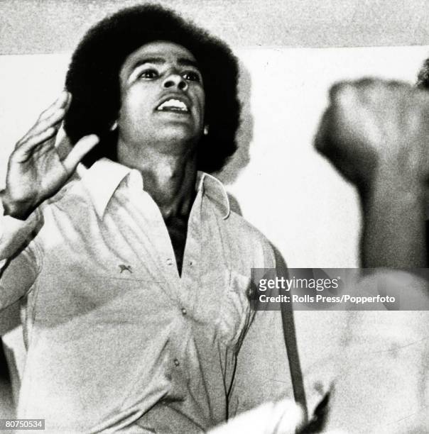 Personalities, Black Panther Movement, San Francisco, pic: 1977, Huey P,Newton, who helped to form the Black Panther Movement, responds to a black...