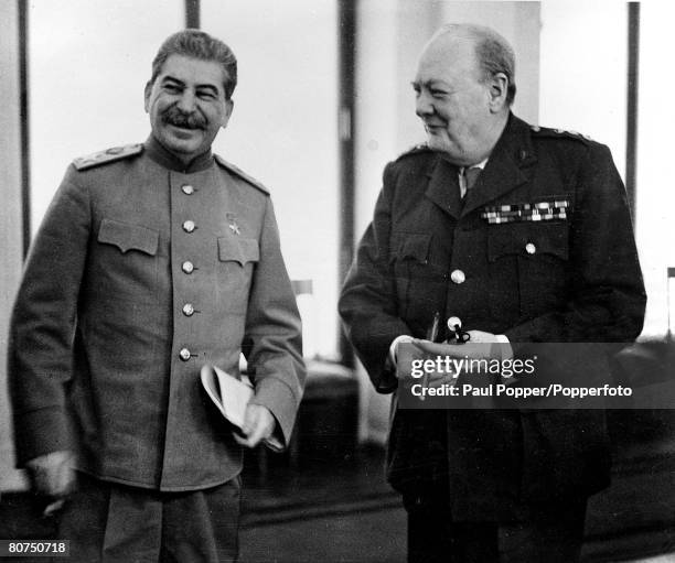 World War II, Yalta Conference, pic: February 1945, Russian leader Joseph Stalin with British Prime Minister Winston Churchill at Yalta in the...